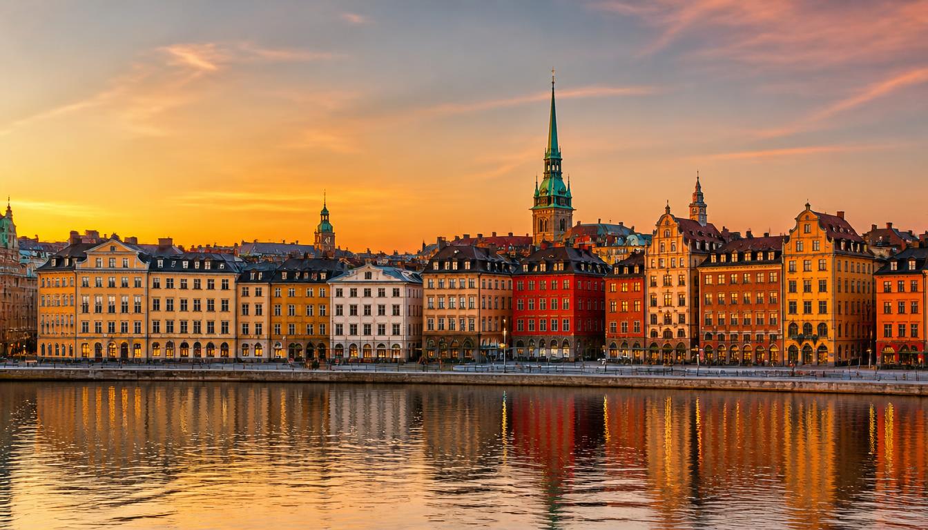 Gamla Stan w Sztokholmie o zachodzie słońca — kolorowe kamienice nad wodą