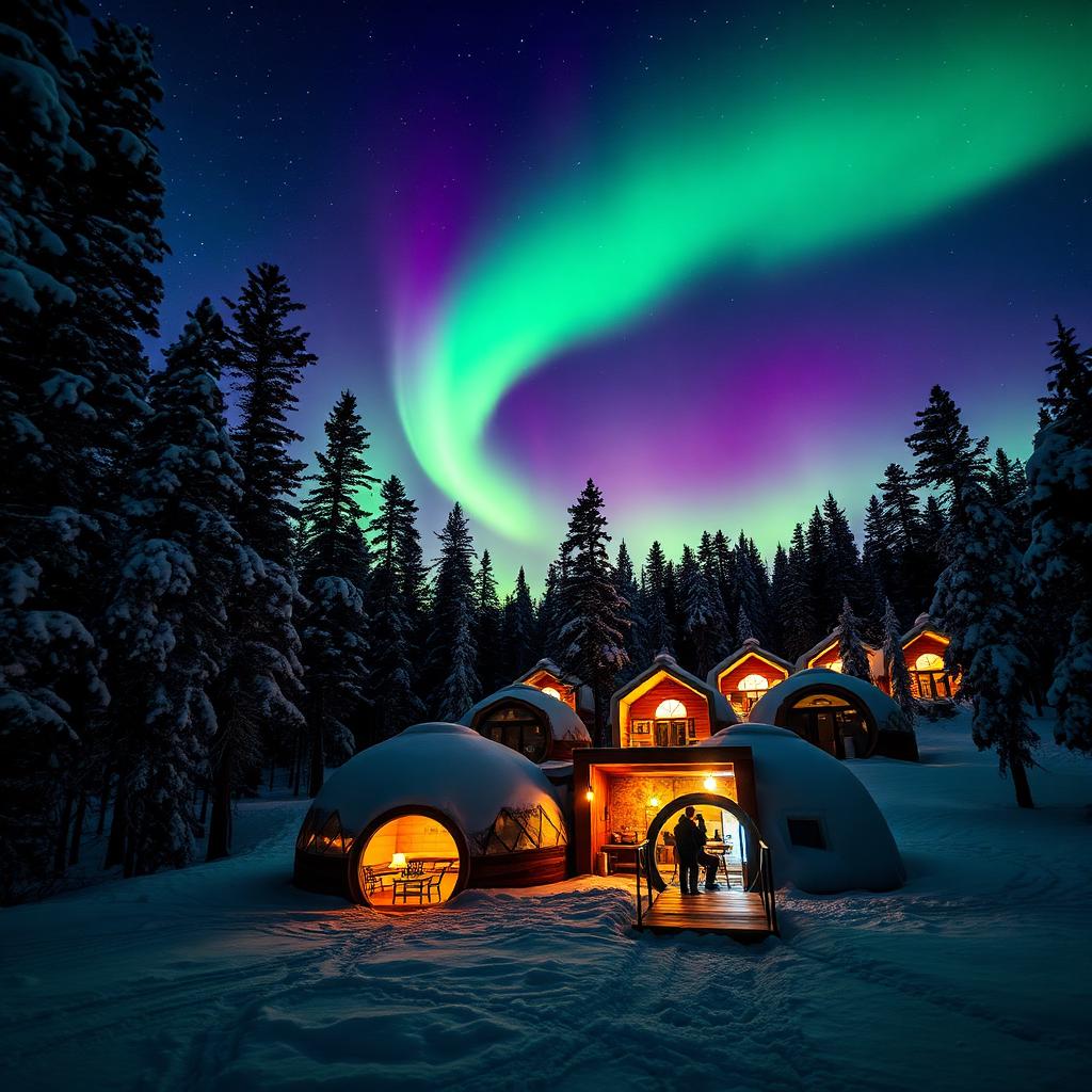 Zorza polarna nad szklanymi igloo w Laponii